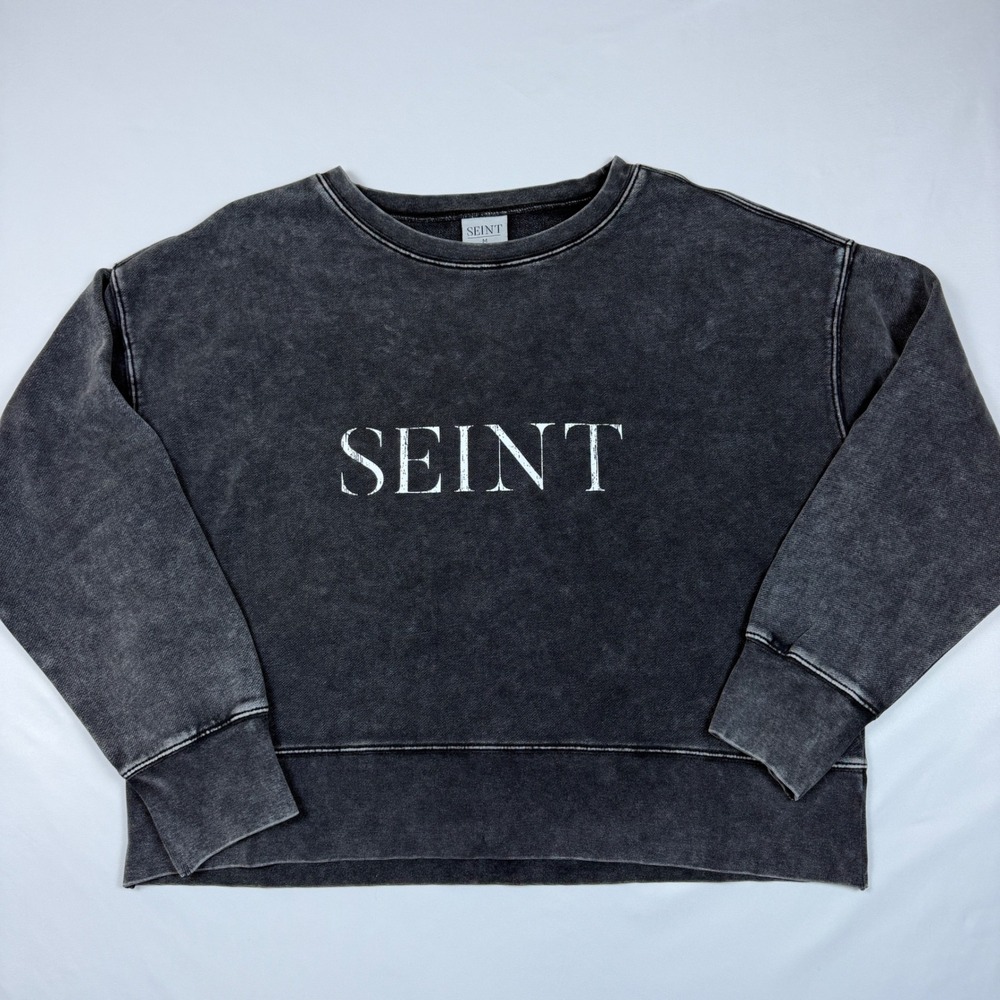 Seint Sweatshirt Women Size M Black NEW Acid Wash Logo Cotton Crewneckโ D102